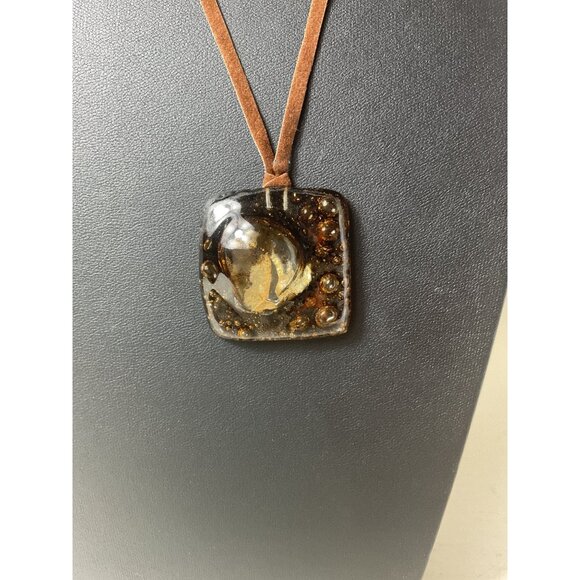 Amber Inspired Resin Pendant Necklace With Brown Suede Cord Lobster Clasp - Picture 3 of 4